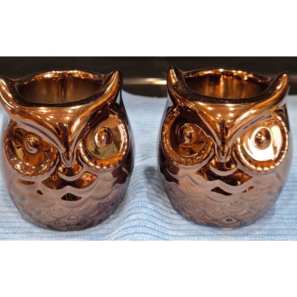Yankee Candle Bronze Tone Owl Votive Candle Holders Set/2 Metallic Brown Ceramic
